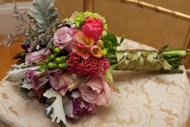 unusual bouquet with jeweled ribbon wrap